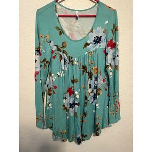 Cathy Teal Floral Empire Waist Tunic Top Long Sleeve Babydoll Blouse Medium